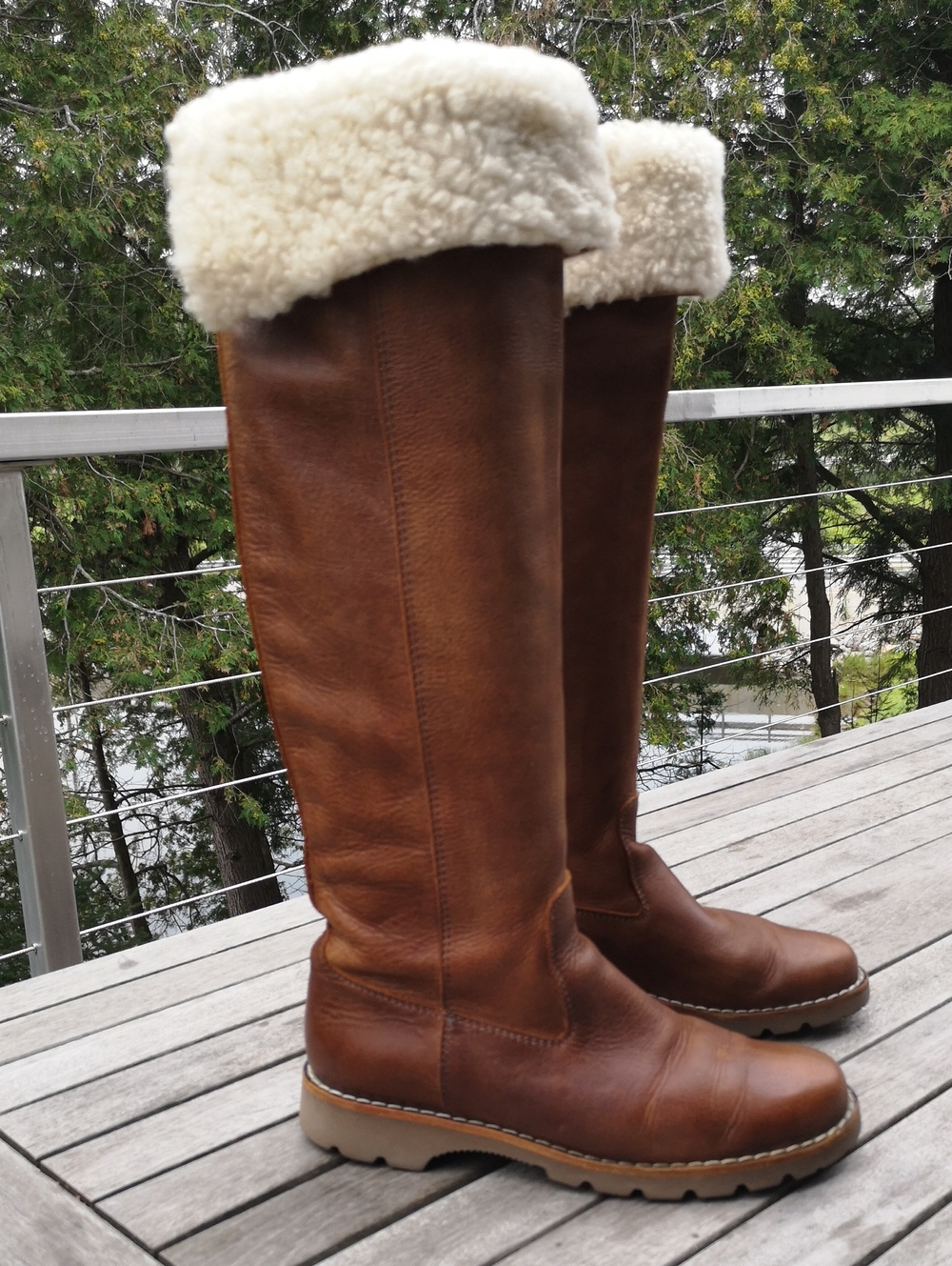 Roots tall leather boots w fold-over fleece top